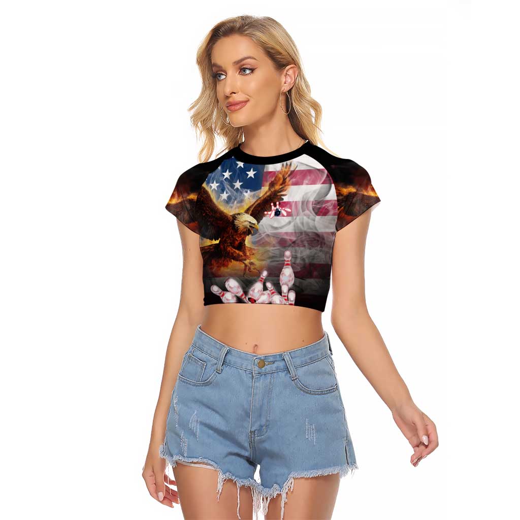 Custom Patriotic Eagle Bowling Raglan Cropped T Shirt with American Flag Strike Design - Wonder Print Shop