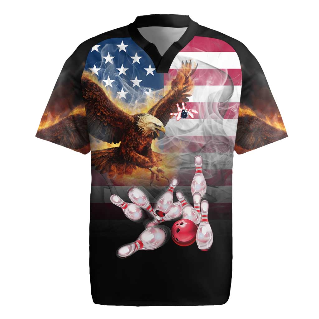 Custom Patriotic Eagle Bowling Rugby Jersey with American Flag Strike Design - Wonder Print Shop