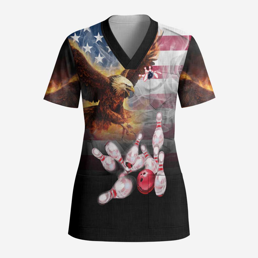 Custom Patriotic Eagle Bowling Scrub Top with American Flag Strike Design - Wonder Print Shop