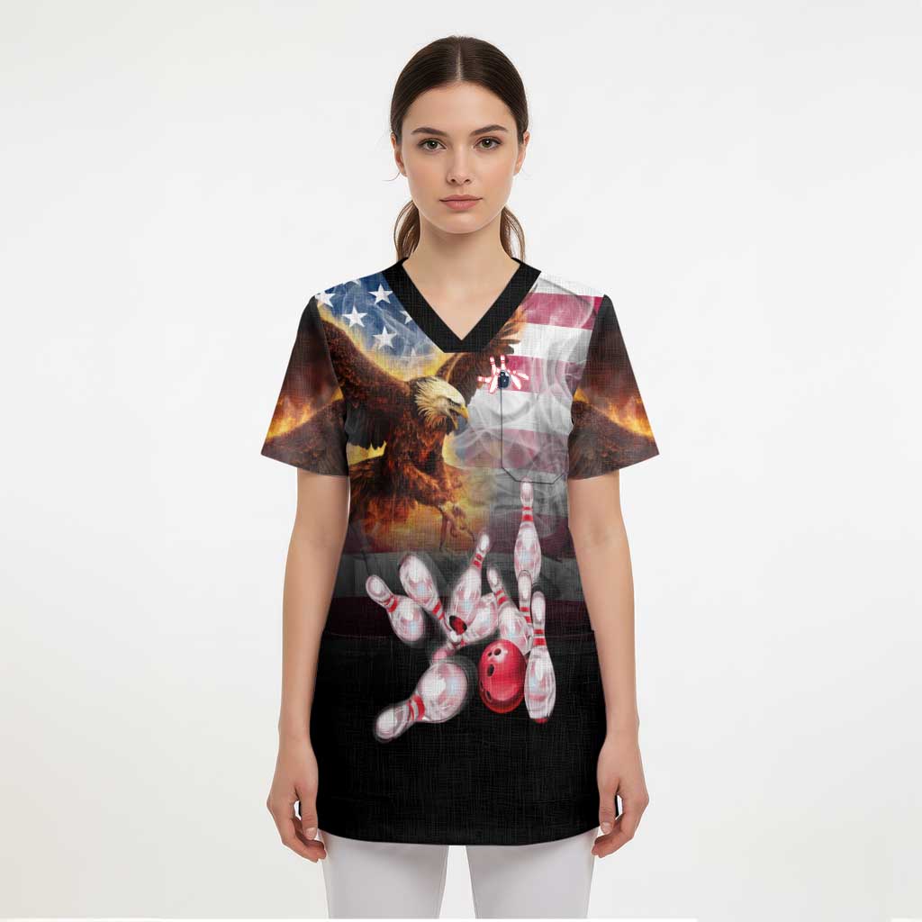 Custom Patriotic Eagle Bowling Scrub Top with American Flag Strike Design - Wonder Print Shop