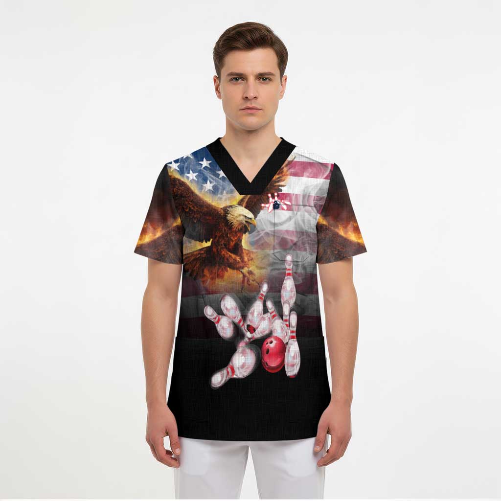 Custom Patriotic Eagle Bowling Scrub Top with American Flag Strike Design - Wonder Print Shop