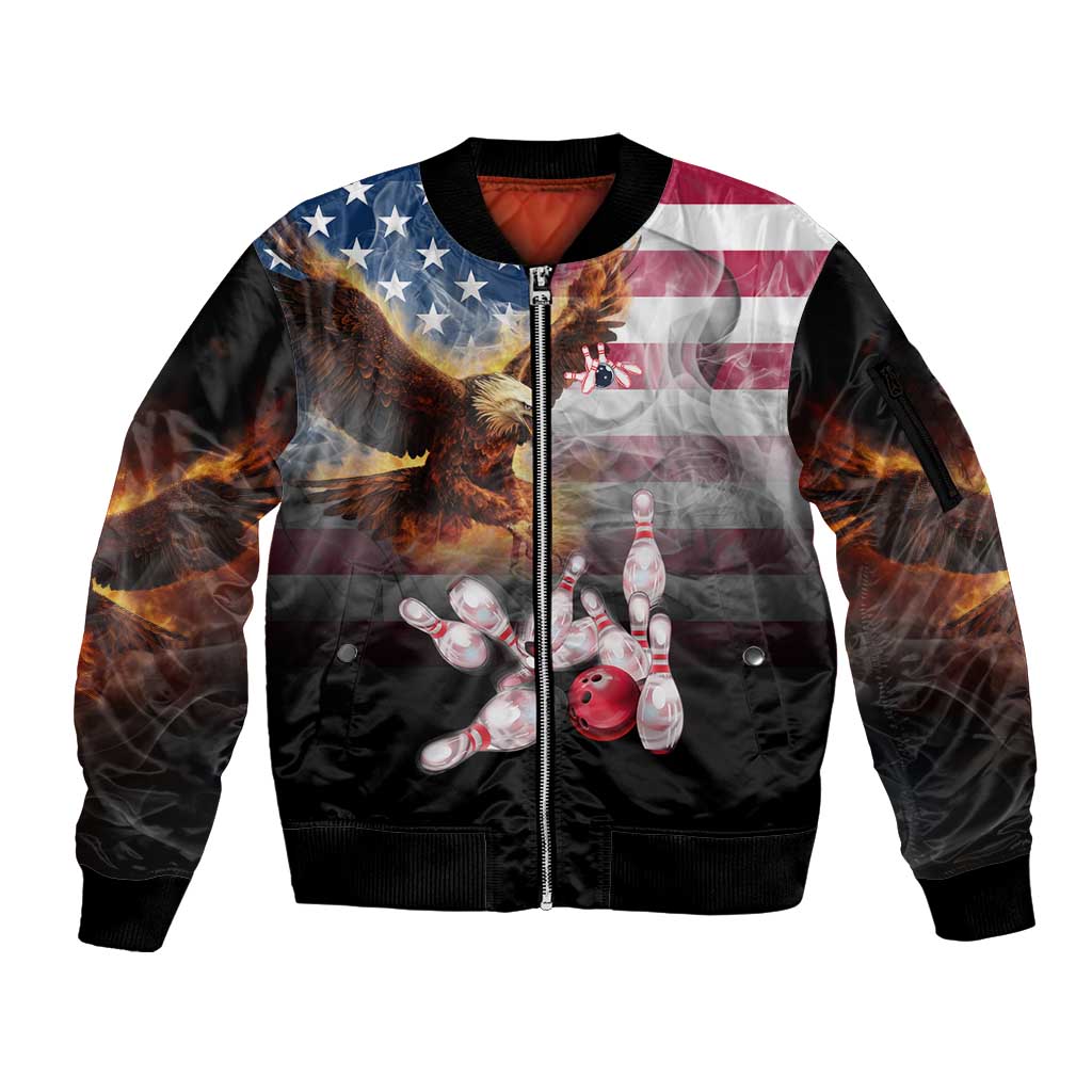 Custom Patriotic Eagle Bowling Sleeve Zip Bomber Jacket with American Flag Strike Design - Wonder Print Shop