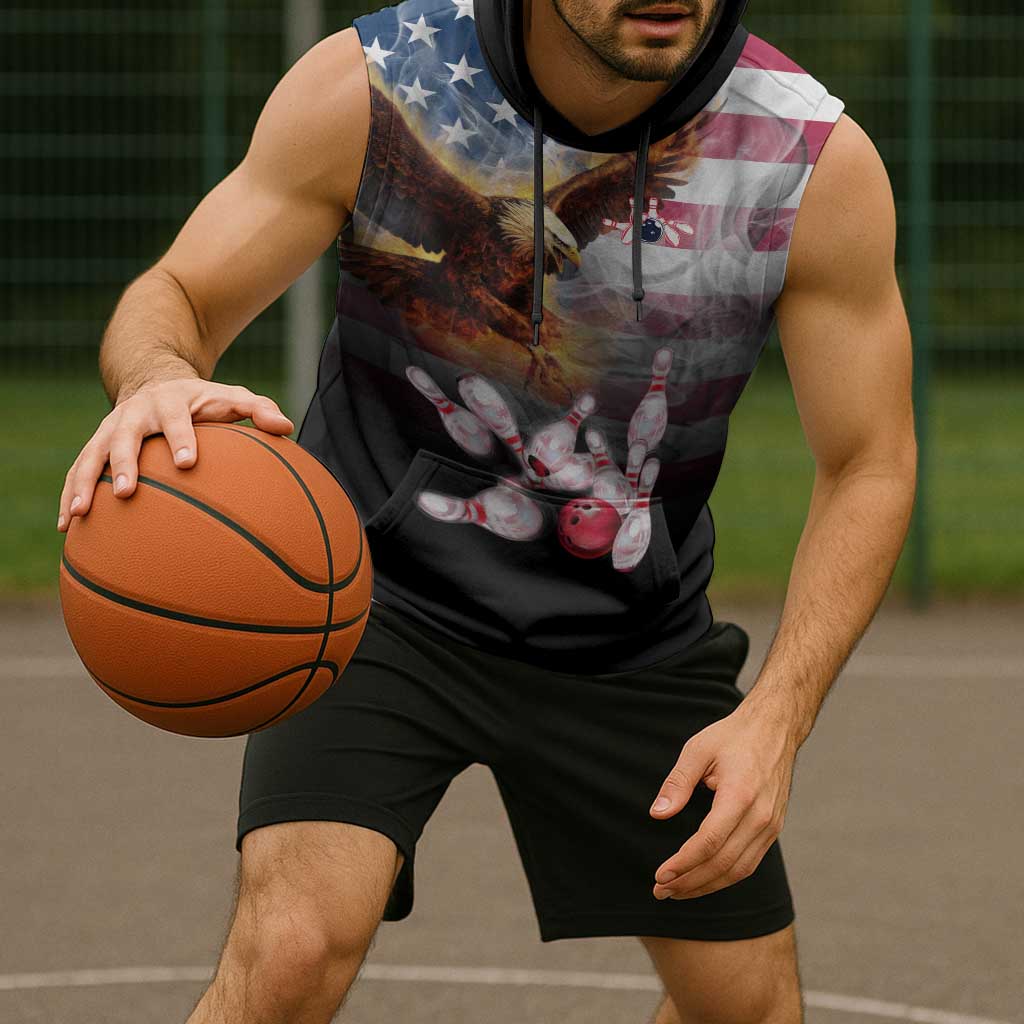 Custom Patriotic Eagle Bowling Sleeveless Hoodie with American Flag Strike Design - Wonder Print Shop