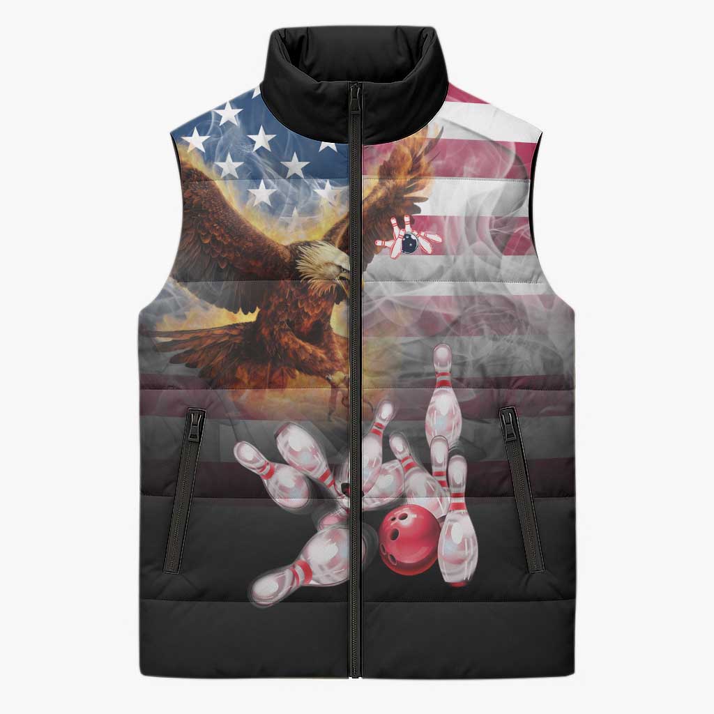 Custom Patriotic Eagle Bowling Sleeveless Puffer Jacket with American Flag Strike Design - Wonder Print Shop