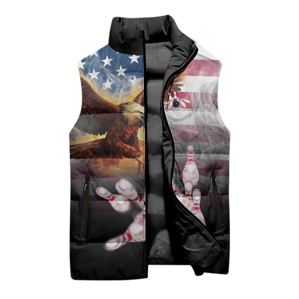 Custom Patriotic Eagle Bowling Sleeveless Puffer Jacket with American Flag Strike Design - Wonder Print Shop
