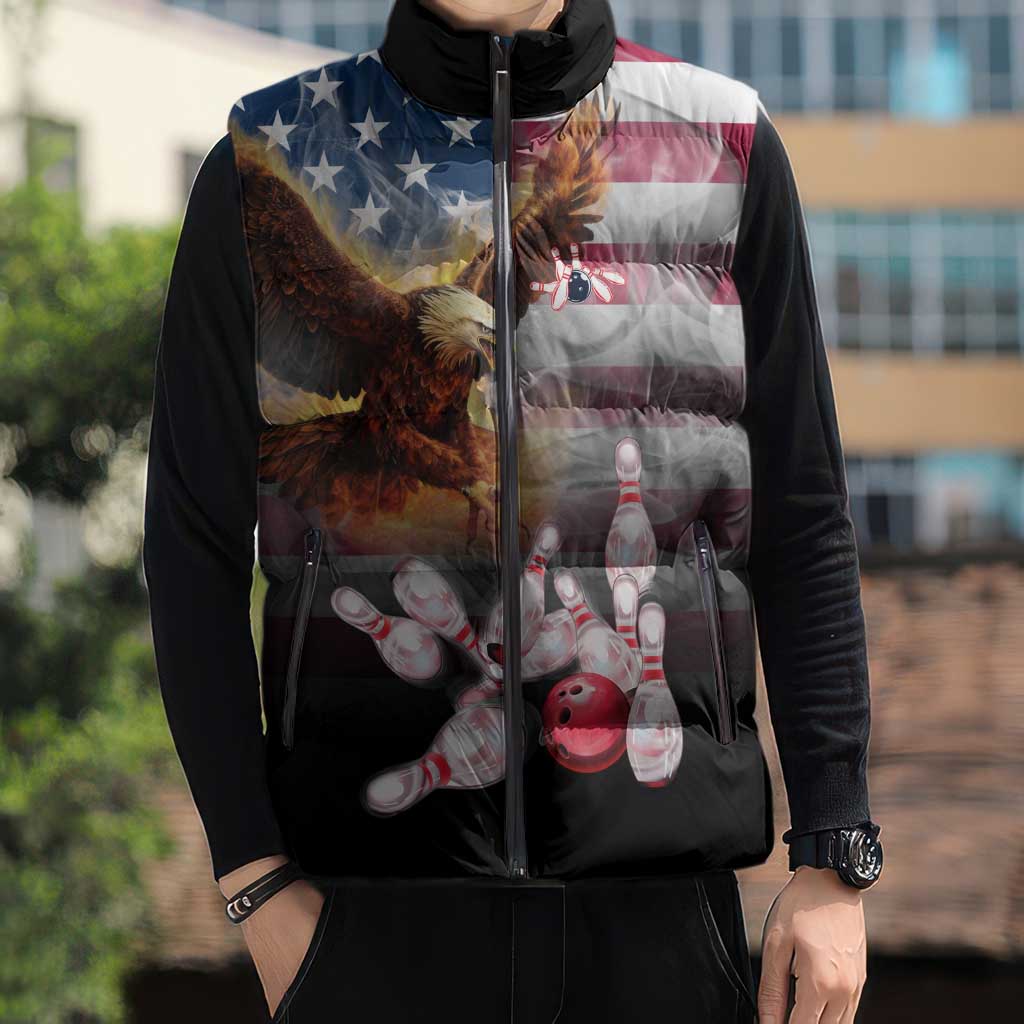 Custom Patriotic Eagle Bowling Sleeveless Puffer Jacket with American Flag Strike Design - Wonder Print Shop