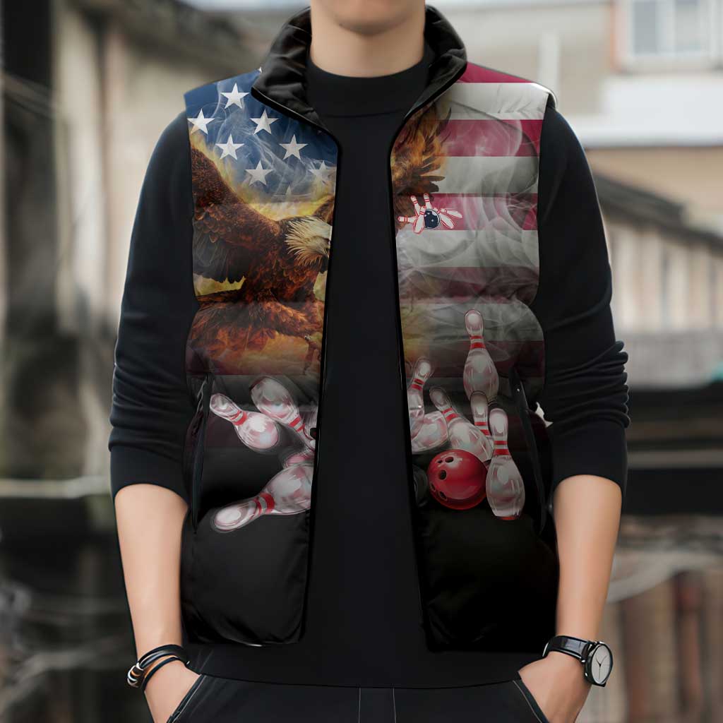 Custom Patriotic Eagle Bowling Sleeveless Puffer Jacket with American Flag Strike Design - Wonder Print Shop