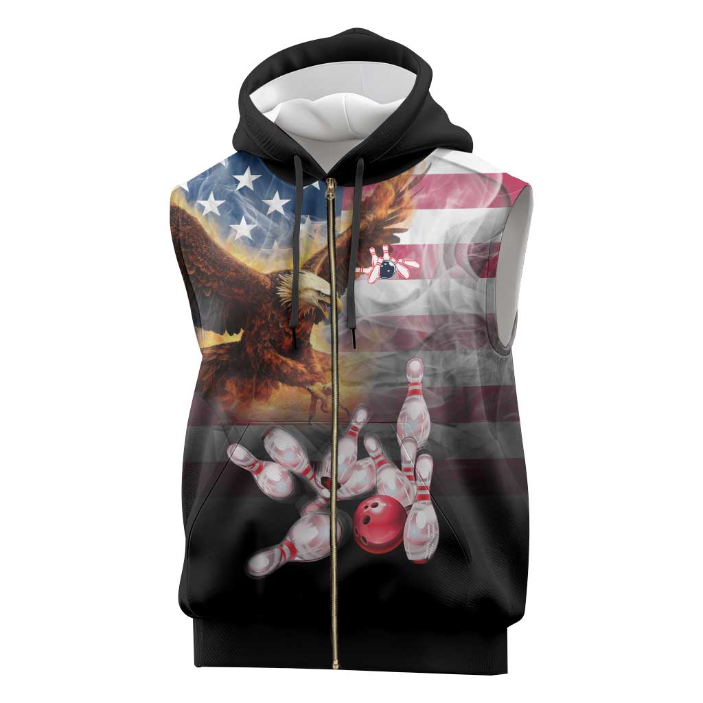 Custom Patriotic Eagle Bowling Sleeveless Zip Hoodie with American Flag Strike Design - Wonder Print Shop