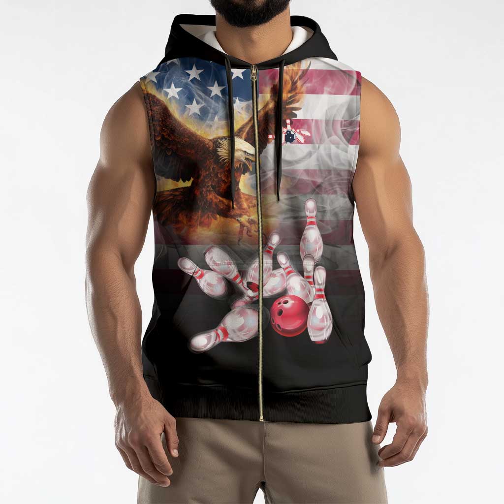 Custom Patriotic Eagle Bowling Sleeveless Zip Hoodie with American Flag Strike Design - Wonder Print Shop