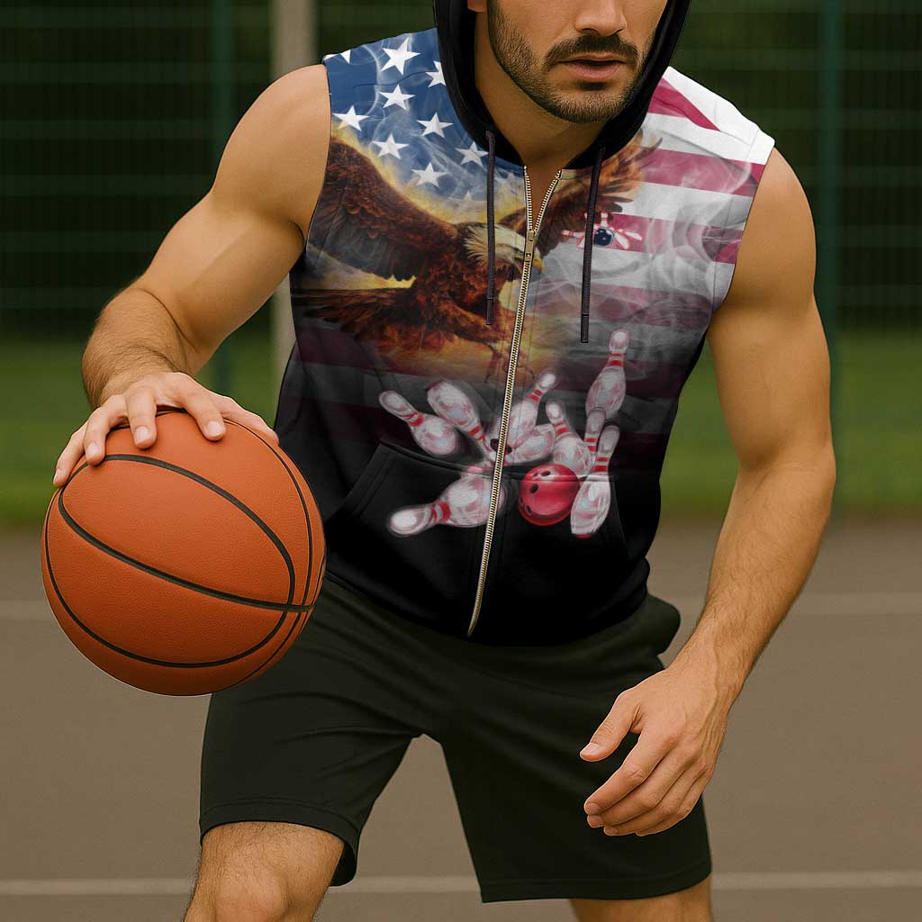 Custom Patriotic Eagle Bowling Sleeveless Zip Hoodie with American Flag Strike Design - Wonder Print Shop