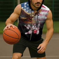 Custom Patriotic Eagle Bowling Sleeveless Zip Hoodie with American Flag Strike Design - Wonder Print Shop