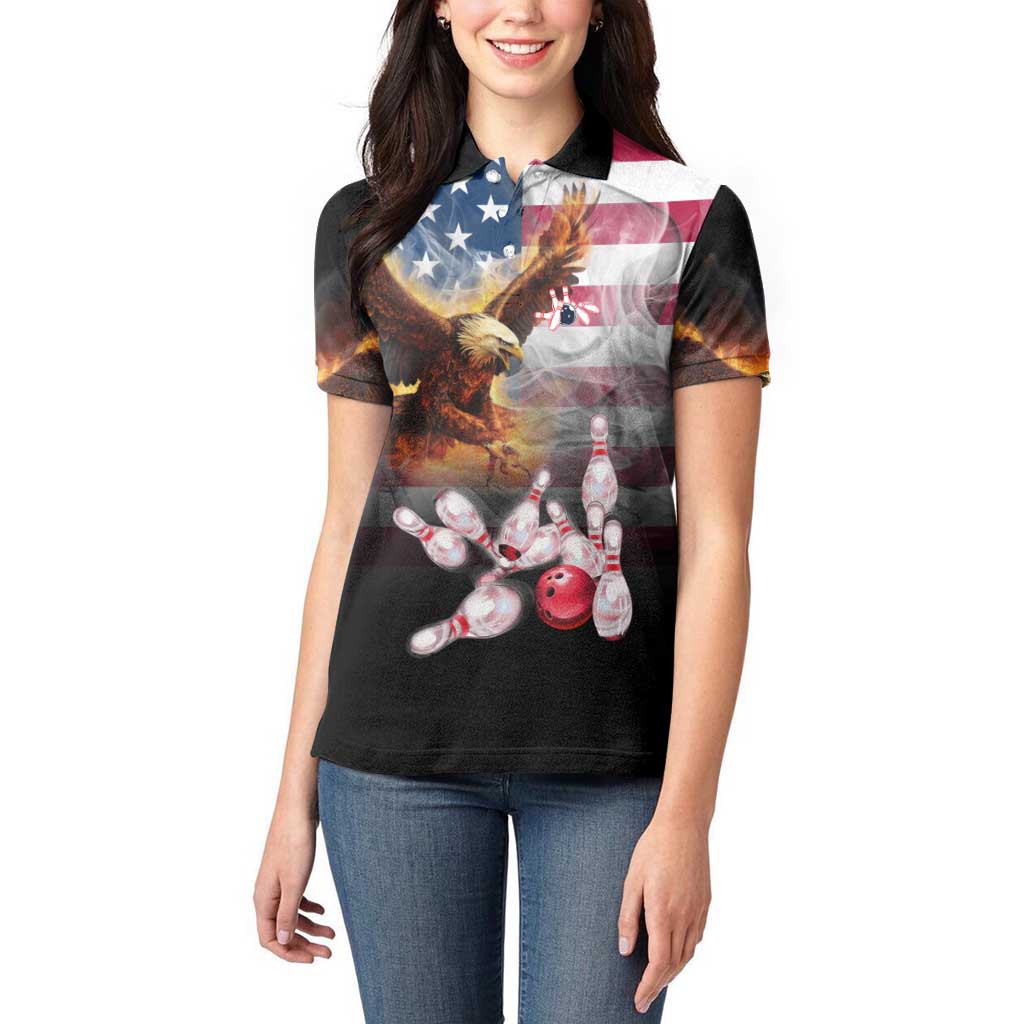 Custom Patriotic Eagle Bowling Women Polo Shirt with American Flag Strike Design - Wonder Print Shop
