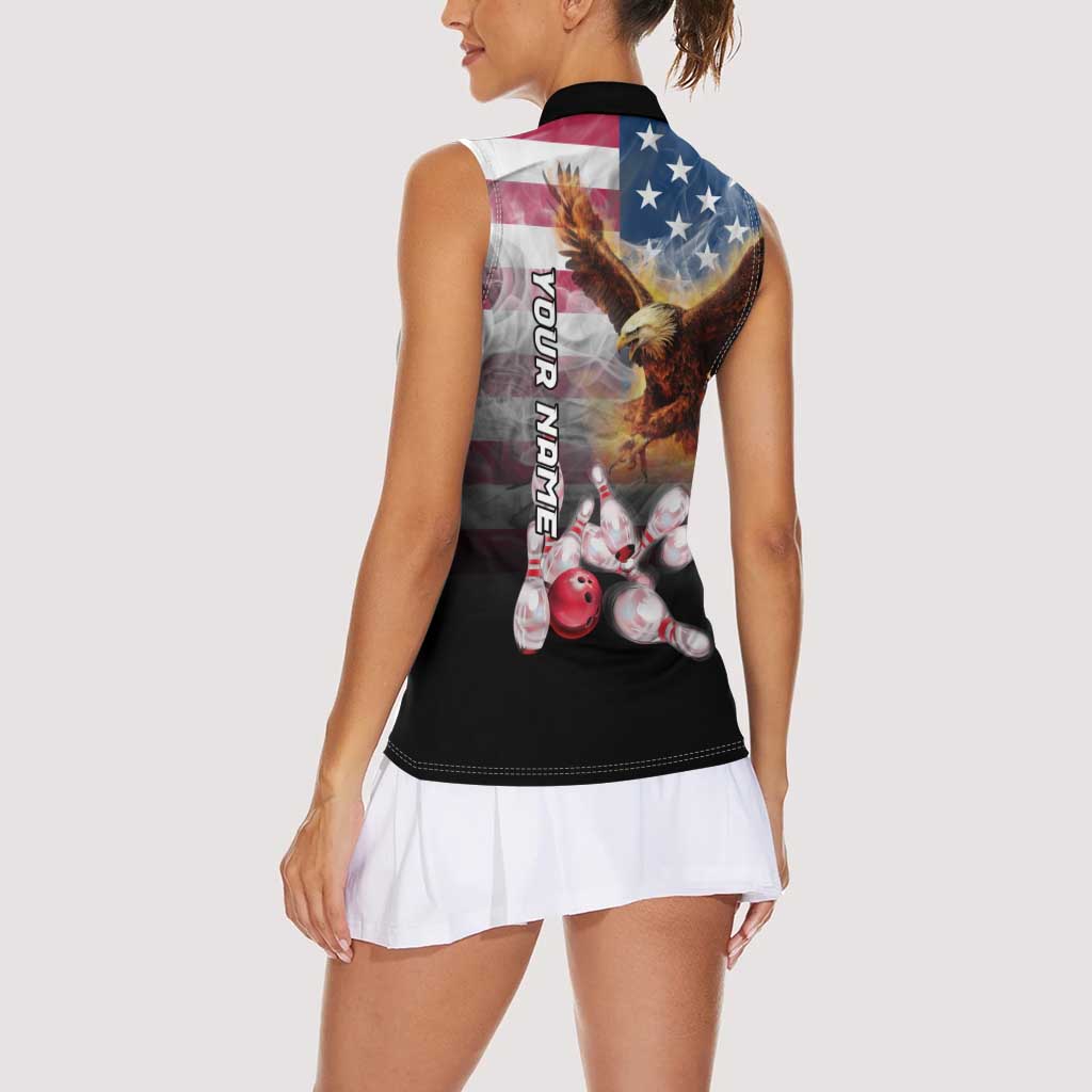 Custom Patriotic Eagle Bowling Women Sleeveless Polo Shirt with American Flag Strike Design - Wonder Print Shop