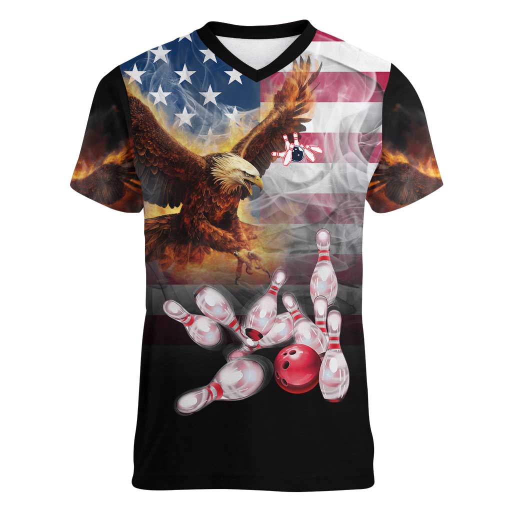 Custom Patriotic Eagle Bowling Women V-Neck T-Shirt with American Flag Strike Design - Wonder Print Shop