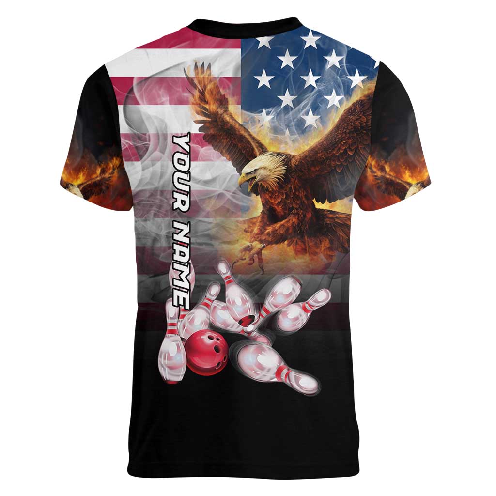Custom Patriotic Eagle Bowling Women V-Neck T-Shirt with American Flag Strike Design - Wonder Print Shop