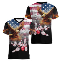 Custom Patriotic Eagle Bowling Women V-Neck T-Shirt with American Flag Strike Design - Wonder Print Shop