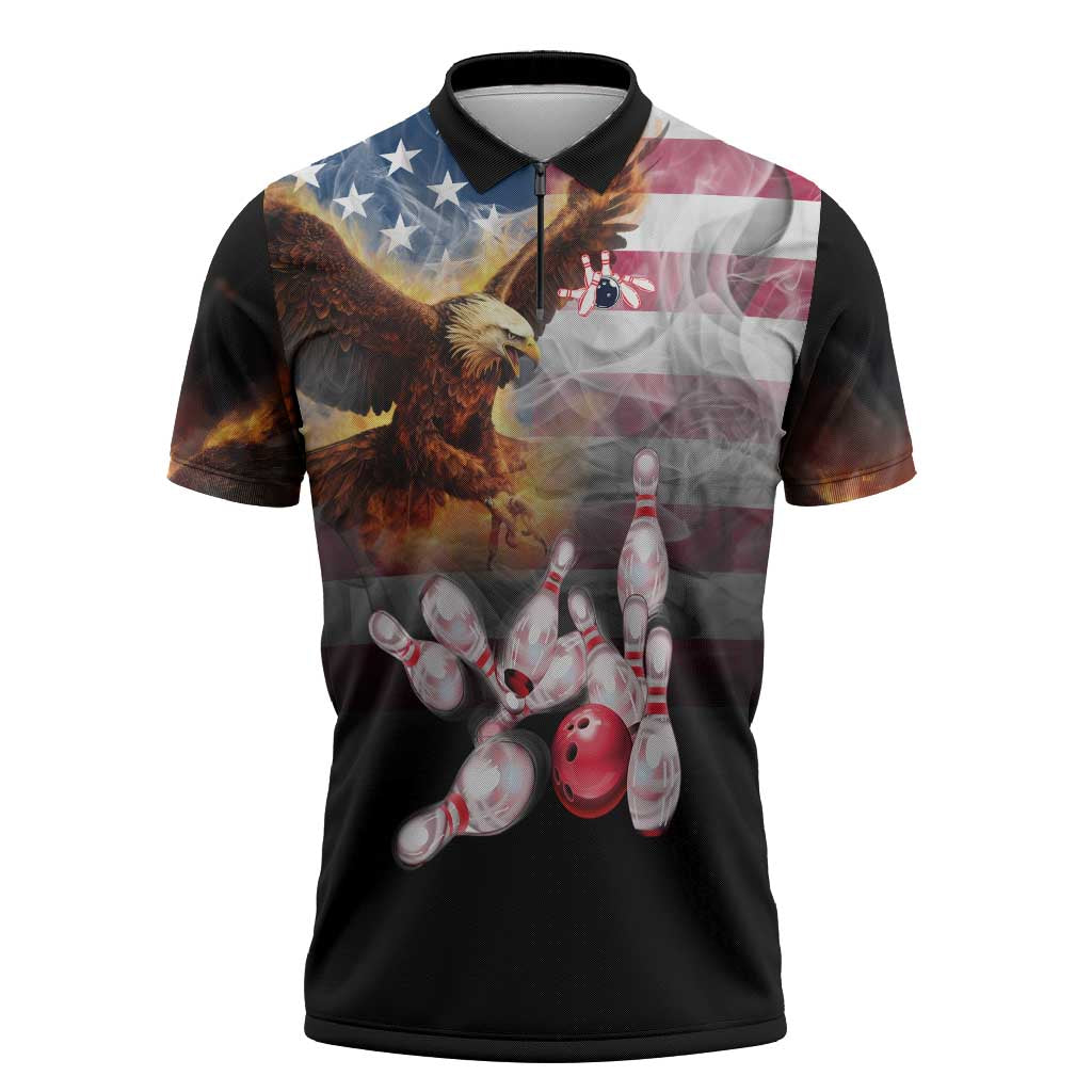 Custom Patriotic Eagle Bowling Zipper Polo Shirt with American Flag Strike Design - Wonder Print Shop