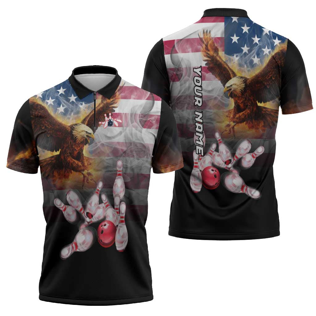 Custom Patriotic Eagle Bowling Zipper Polo Shirt with American Flag Strike Design - Wonder Print Shop