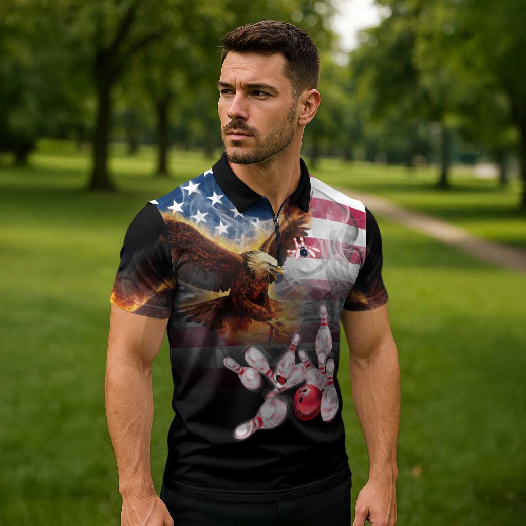 Custom Patriotic Eagle Bowling Zipper Polo Shirt with American Flag Strike Design - Wonder Print Shop