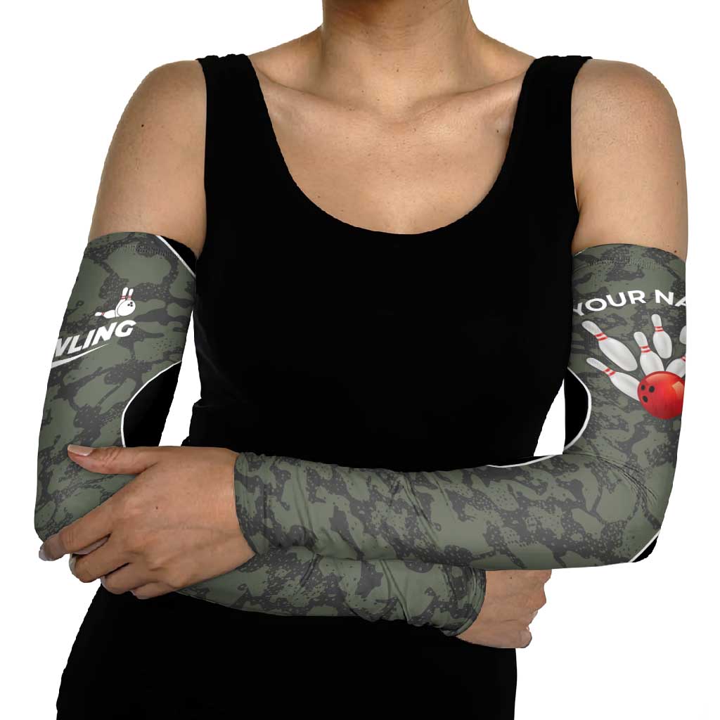 Custom Camouflage Bowling Arm Sleeves with Red Strike Ball Graphic - Wonder Print Shop