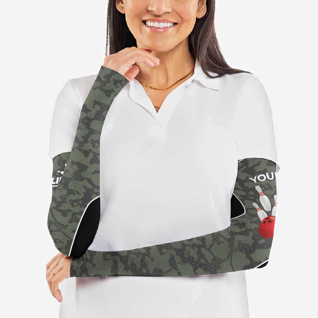 Custom Camouflage Bowling Arm Sleeves with Red Strike Ball Graphic - Wonder Print Shop