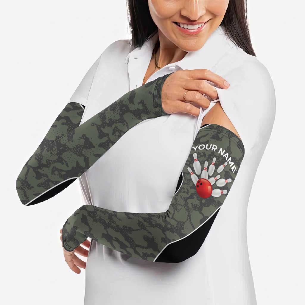 Custom Camouflage Bowling Arm Sleeves with Red Strike Ball Graphic - Wonder Print Shop