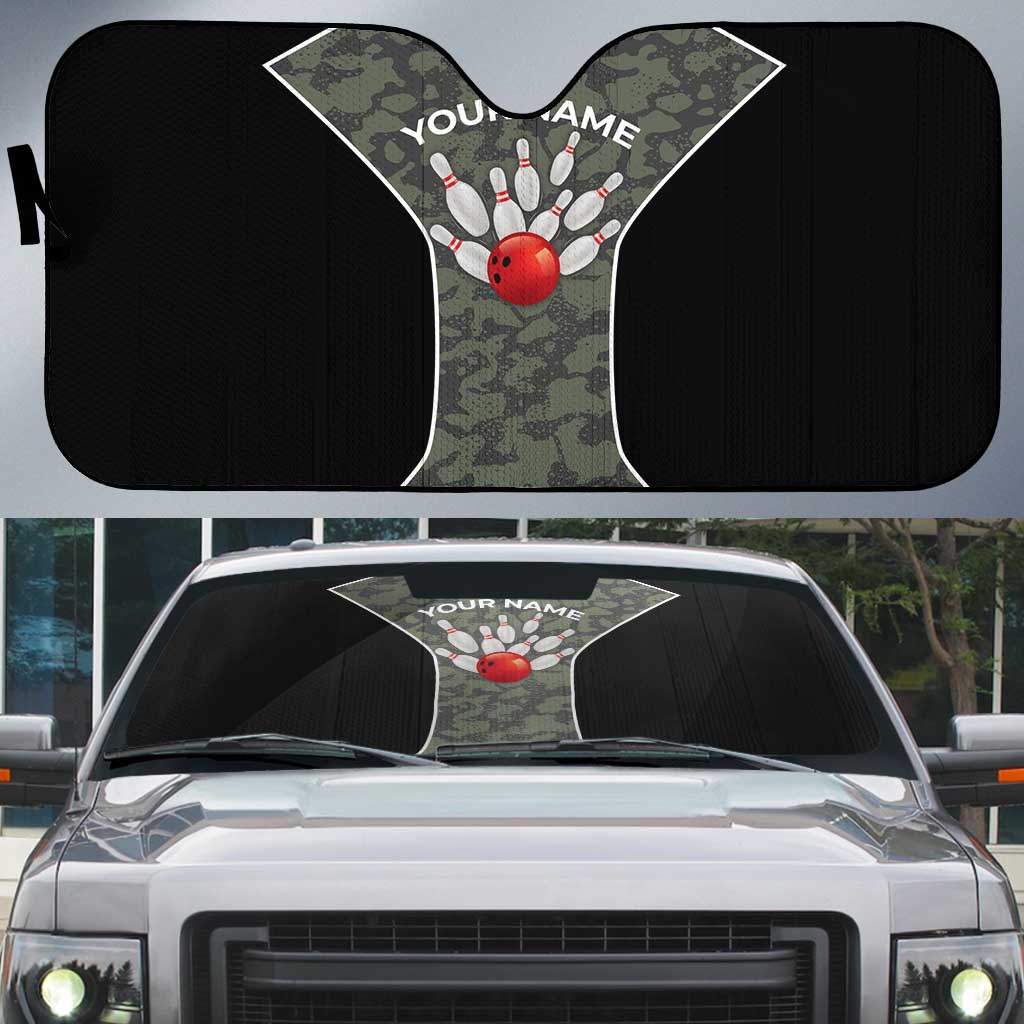 Custom Camouflage Bowling Auto Sun Shade with Red Strike Ball Graphic - Wonder Print Shop