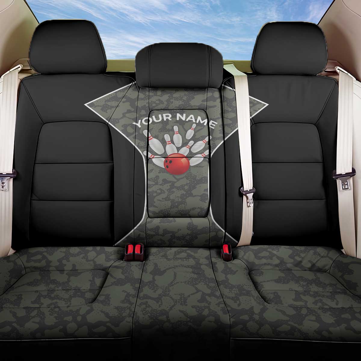 Custom Camouflage Bowling Back Car Seat Cover with Red Strike Ball Graphic - Wonder Print Shop