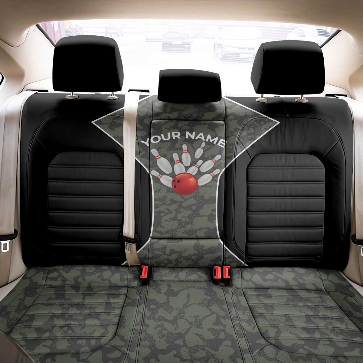 Custom Camouflage Bowling Back Car Seat Cover with Red Strike Ball Graphic - Wonder Print Shop