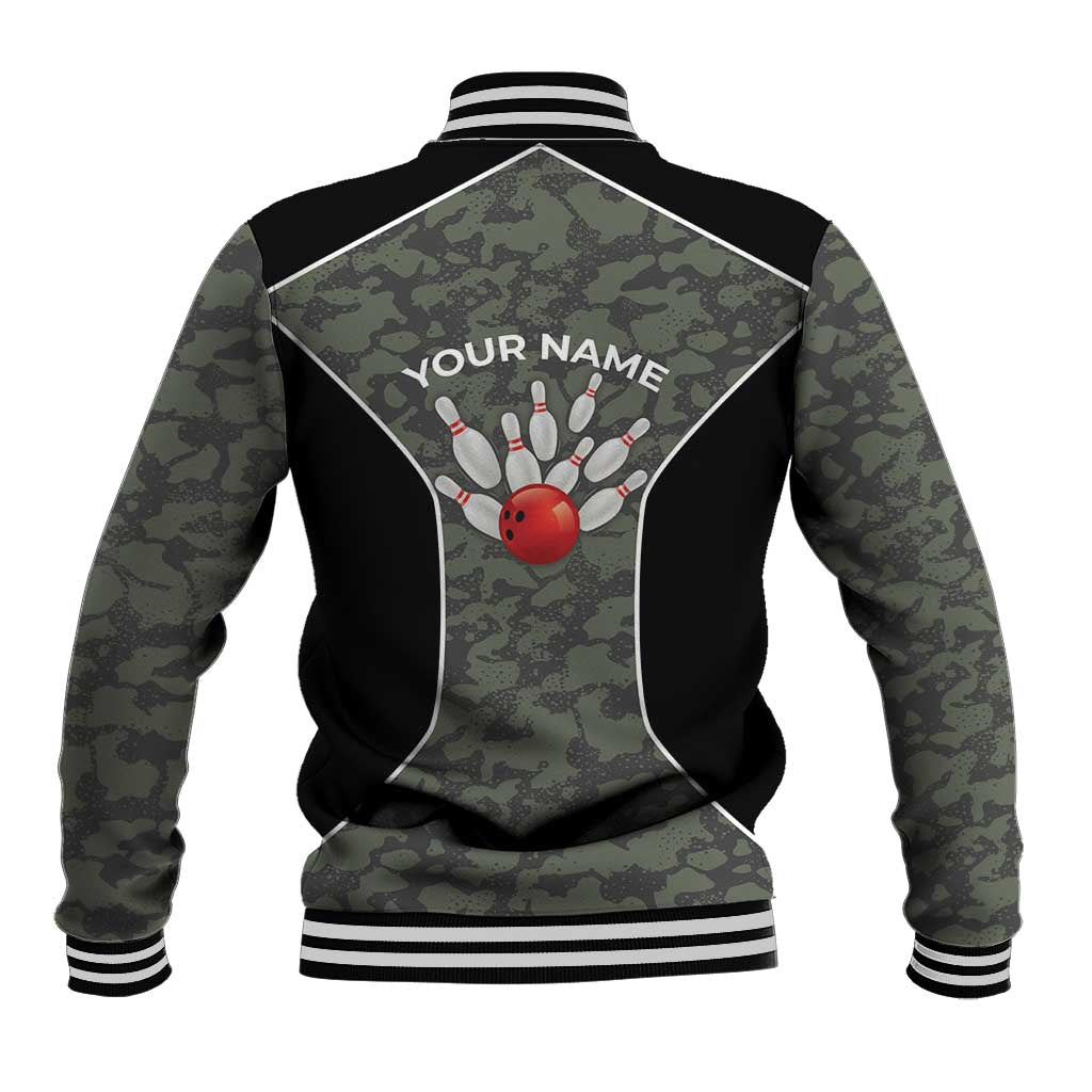 Custom Camouflage Bowling Baseball Jacket with Red Strike Ball Graphic - Wonder Print Shop