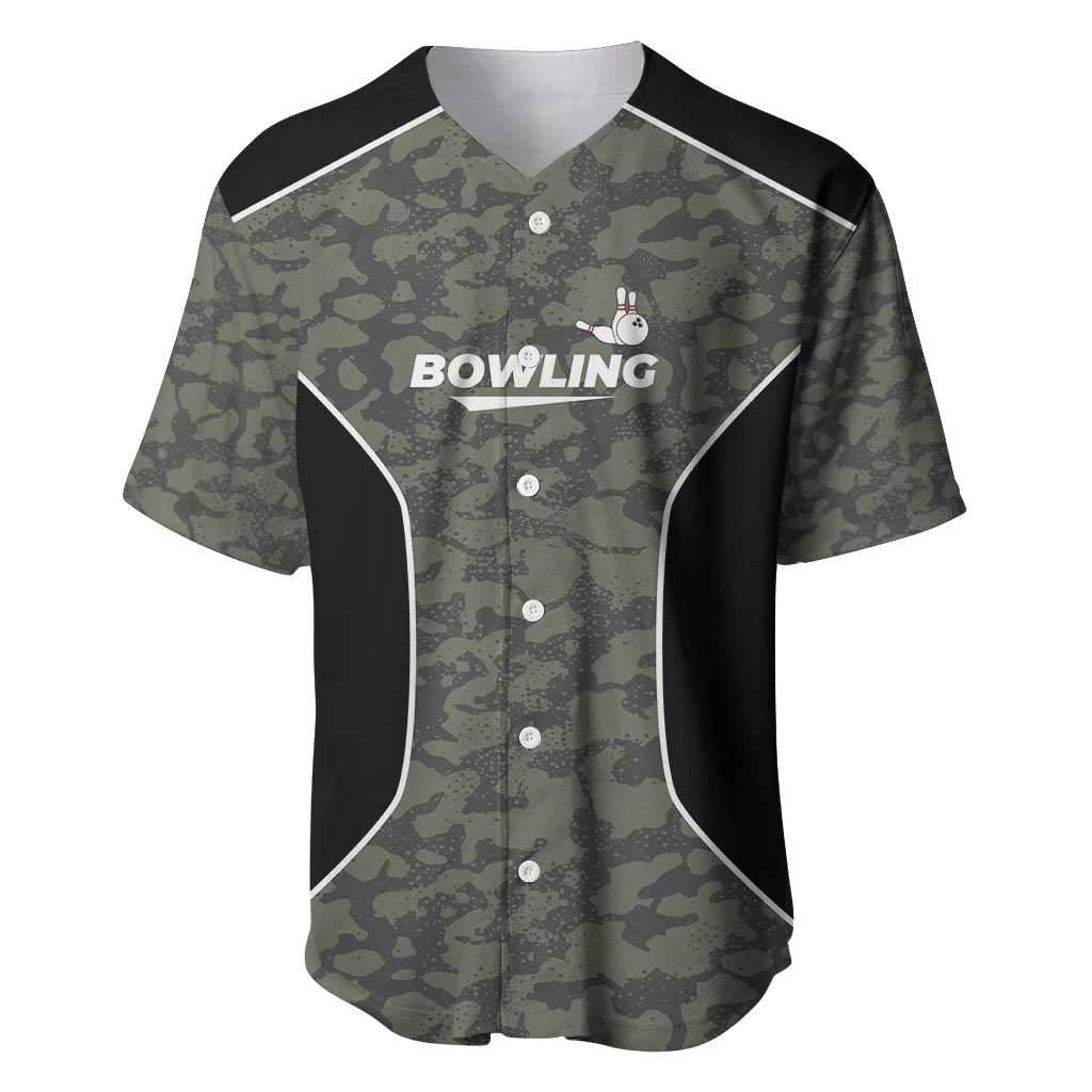 Custom Camouflage Bowling Baseball Jersey with Red Strike Ball Graphic - Wonder Print Shop