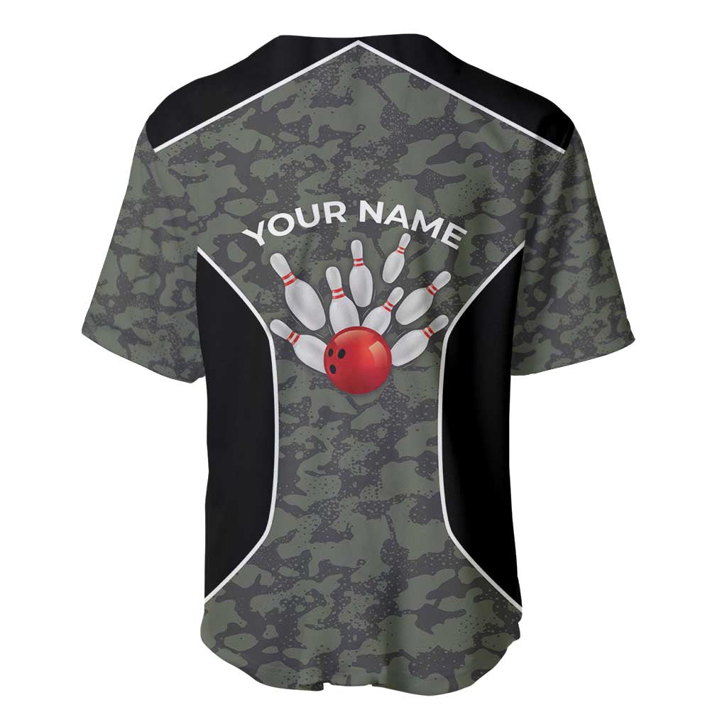 Custom Camouflage Bowling Baseball Jersey with Red Strike Ball Graphic - Wonder Print Shop