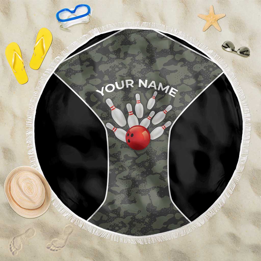 Custom Camouflage Bowling Beach Blanket with Red Strike Ball Graphic - Wonder Print Shop