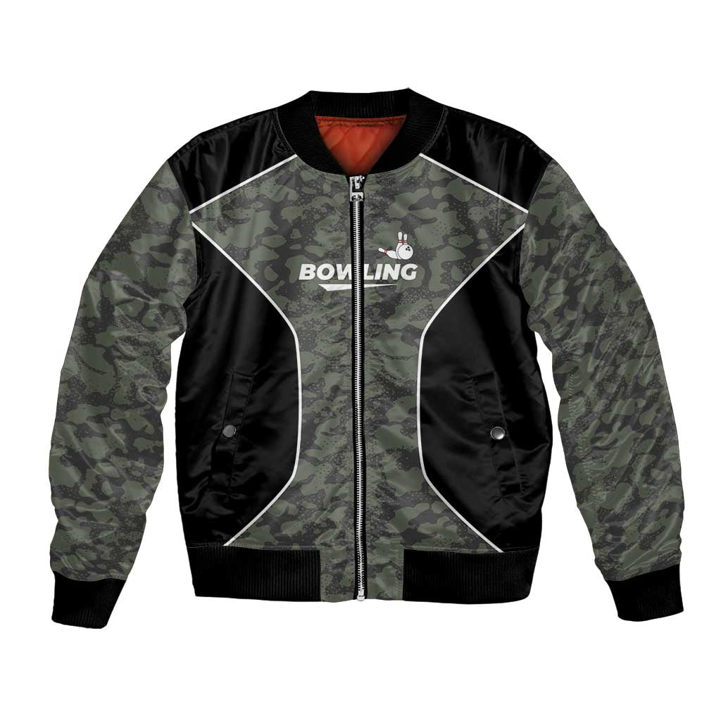 Custom Camouflage Bowling Bomber Jacket with Red Strike Ball Graphic - Wonder Print Shop