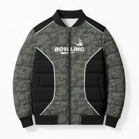 Custom Camouflage Bowling Bomber Puffer Jacket with Red Strike Ball Graphic - Wonder Print Shop
