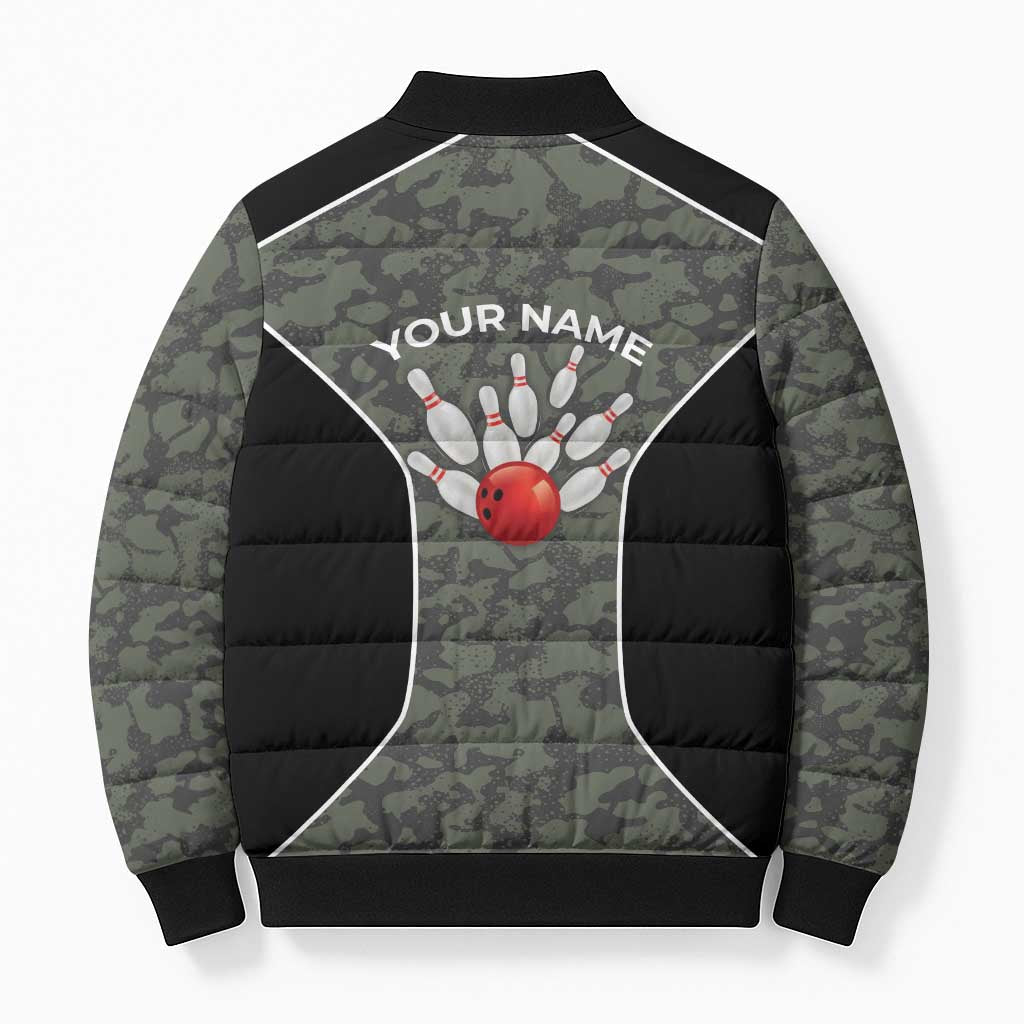 Custom Camouflage Bowling Bomber Puffer Jacket with Red Strike Ball Graphic - Wonder Print Shop