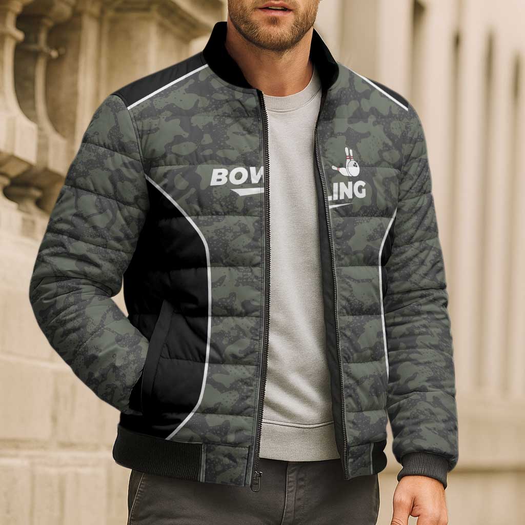 Custom Camouflage Bowling Bomber Puffer Jacket with Red Strike Ball Graphic - Wonder Print Shop