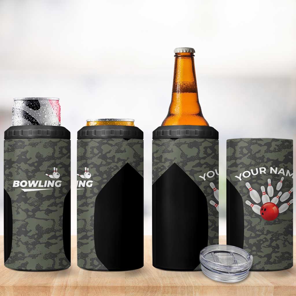 Custom Camouflage Bowling 4 in 1 Can Cooler Tumbler with Red Strike Ball Graphic - Wonder Print Shop
