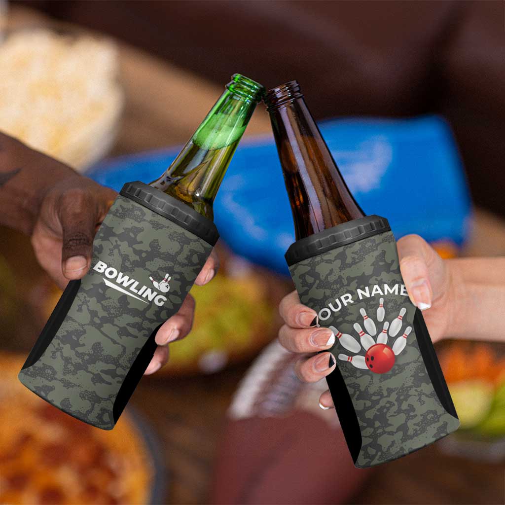 Custom Camouflage Bowling 4 in 1 Can Cooler Tumbler with Red Strike Ball Graphic - Wonder Print Shop