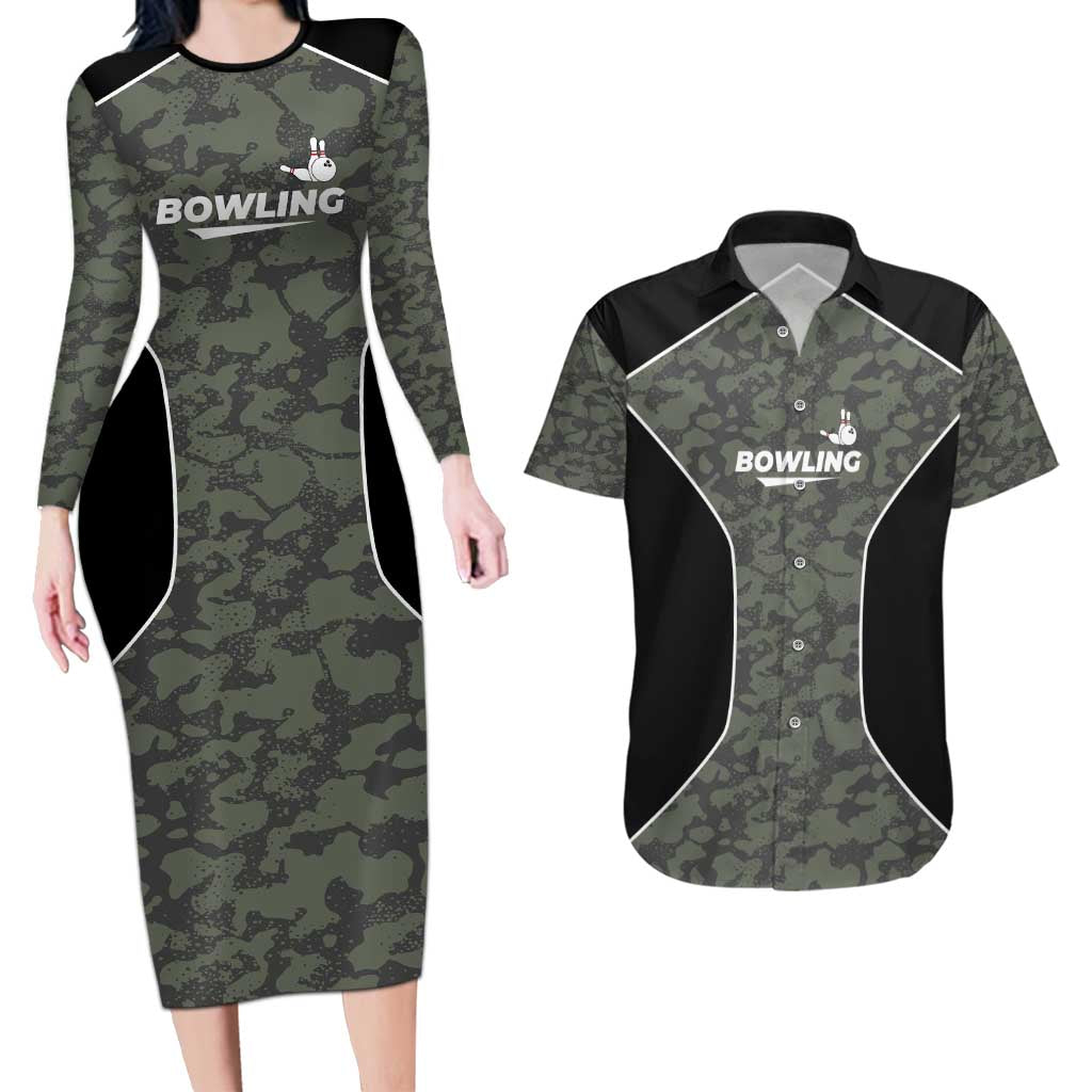 Custom Camouflage Bowling Couples Matching Long Sleeve Bodycon Dress and Hawaiian Shirt with Red Strike Ball Graphic - Wonder Print Shop