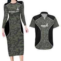 Custom Camouflage Bowling Couples Matching Long Sleeve Bodycon Dress and Hawaiian Shirt with Red Strike Ball Graphic - Wonder Print Shop