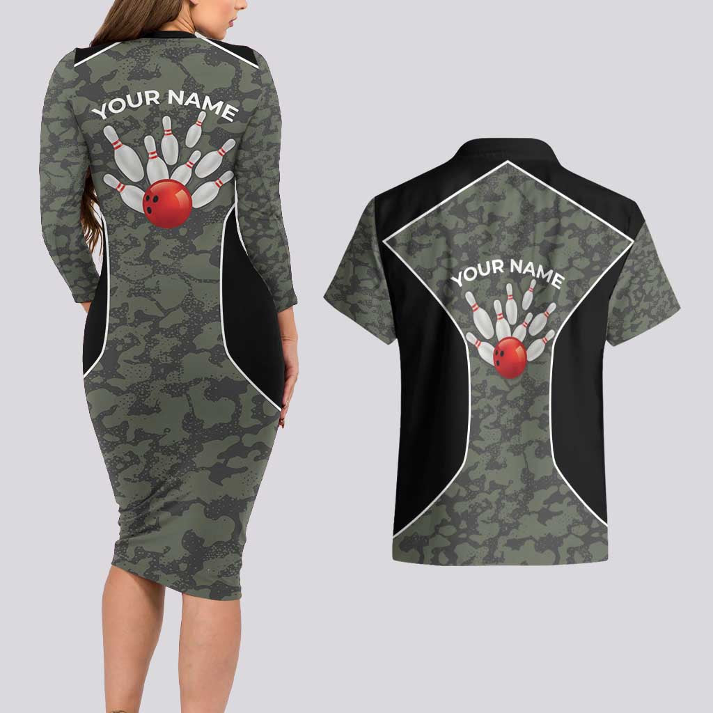 Custom Camouflage Bowling Couples Matching Long Sleeve Bodycon Dress and Hawaiian Shirt with Red Strike Ball Graphic - Wonder Print Shop