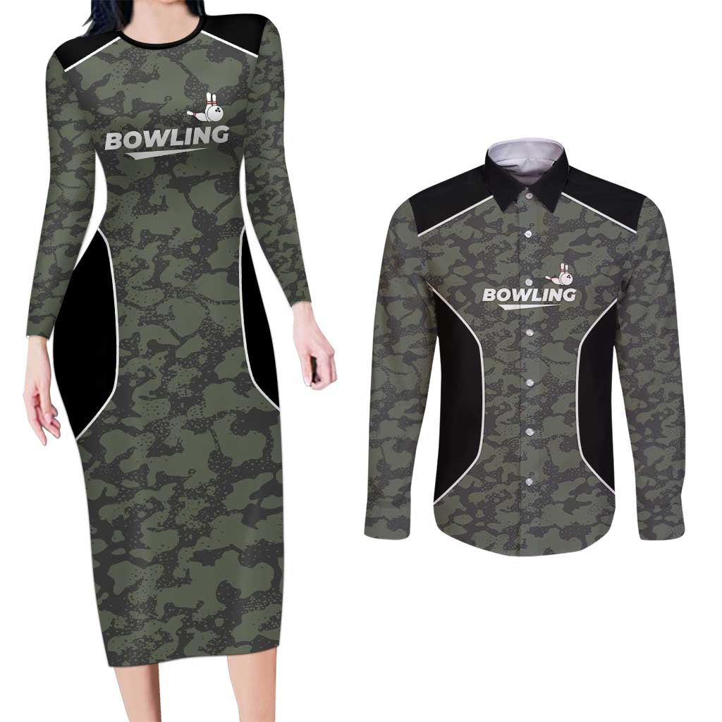 Custom Camouflage Bowling Couples Matching Long Sleeve Bodycon Dress and Long Sleeve Button Shirt with Red Strike Ball Graphic - Wonder Print Shop