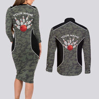 Custom Camouflage Bowling Couples Matching Long Sleeve Bodycon Dress and Long Sleeve Button Shirt with Red Strike Ball Graphic - Wonder Print Shop