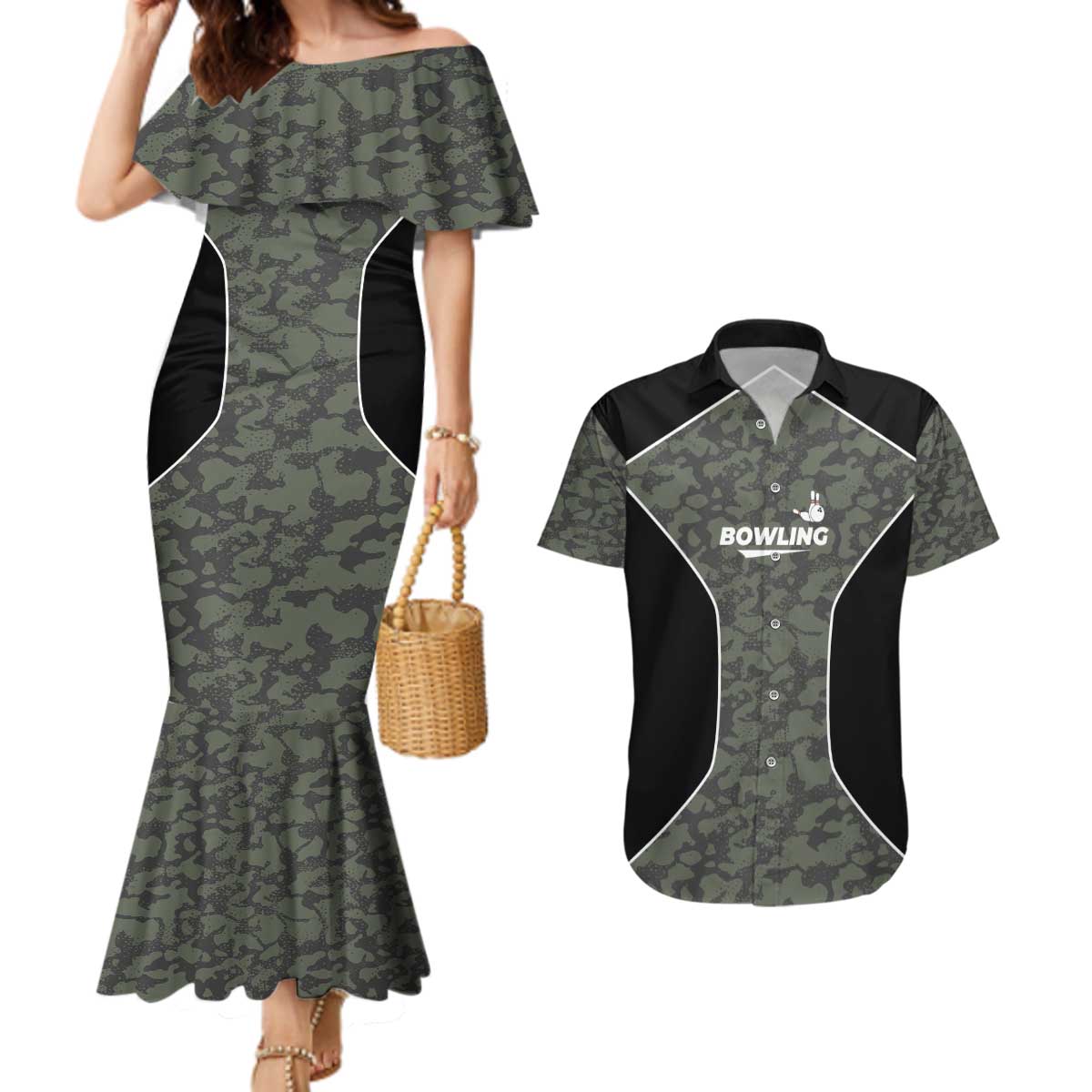 Custom Camouflage Bowling Couples Matching Mermaid Dress and Hawaiian Shirt with Red Strike Ball Graphic - Wonder Print Shop
