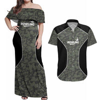 Custom Camouflage Bowling Couples Matching Off Shoulder Maxi Dress and Hawaiian Shirt with Red Strike Ball Graphic - Wonder Print Shop