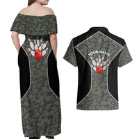 Custom Camouflage Bowling Couples Matching Off Shoulder Maxi Dress and Hawaiian Shirt with Red Strike Ball Graphic - Wonder Print Shop