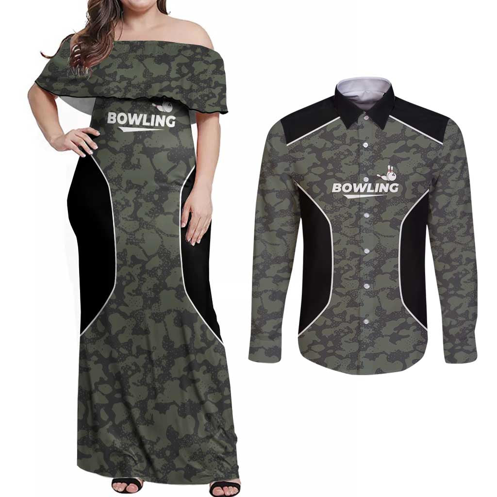 Custom Camouflage Bowling Couples Matching Off Shoulder Maxi Dress and Long Sleeve Button Shirt with Red Strike Ball Graphic - Wonder Print Shop