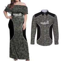 Custom Camouflage Bowling Couples Matching Off Shoulder Maxi Dress and Long Sleeve Button Shirt with Red Strike Ball Graphic - Wonder Print Shop