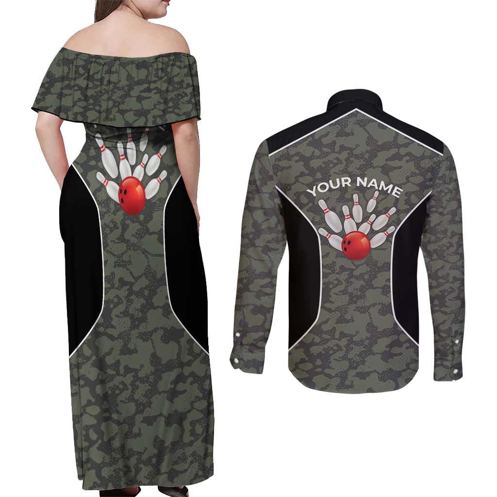 Custom Camouflage Bowling Couples Matching Off Shoulder Maxi Dress and Long Sleeve Button Shirt with Red Strike Ball Graphic - Wonder Print Shop